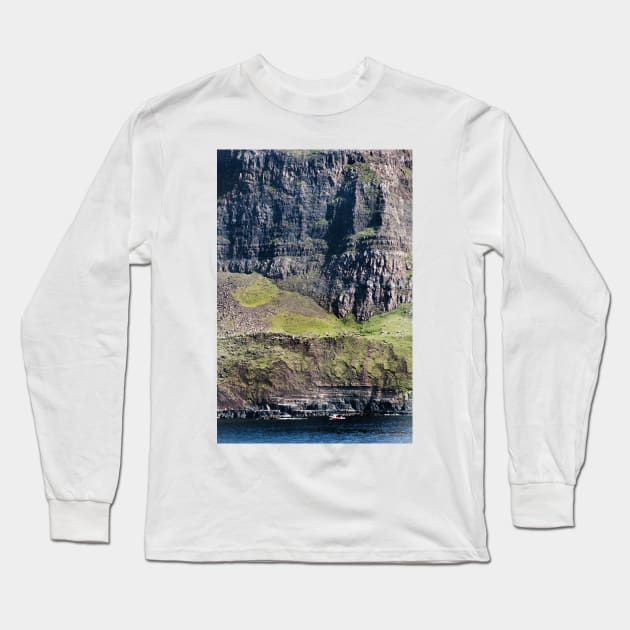 Fishing boat under high cliffs at Neist Point, Isle of Skye, Scotland Long Sleeve T-Shirt by richflintphoto